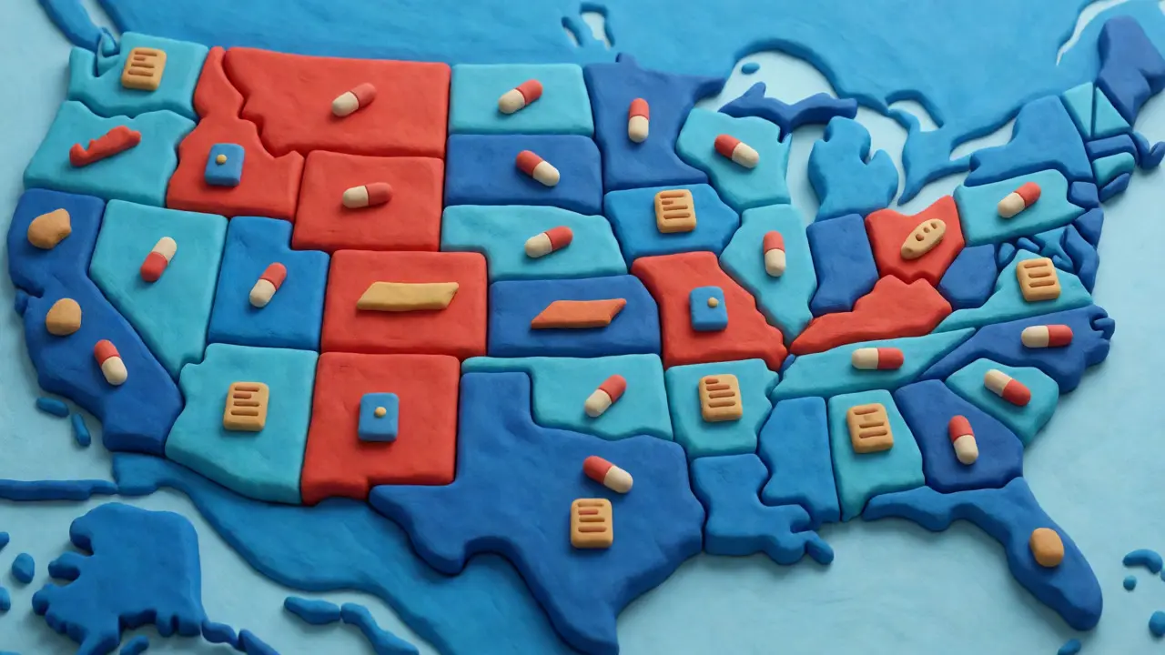 Stylized clay map of the US highlighting states with gabapentin restrictions.